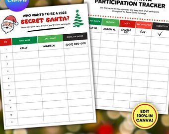 Secret Santa Printable Sign Up Forms, Gift Exchange Tracker, Secret Santa Questionnaire, Coworker, Office Party - Editable Canva Template