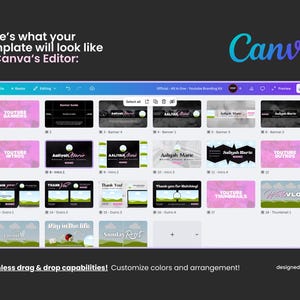 Heading text: Here's what your template will look like in Canva's editor. A solid black graphic. A screen shots of Canva's editor, depicting 20 pink, black and white design templates: banners, outros, intros, and thumbnails. Lists what's included in the Canva editor with check marked benefits such as ' 4 youtube banner', ' 4 animated YT outros'.