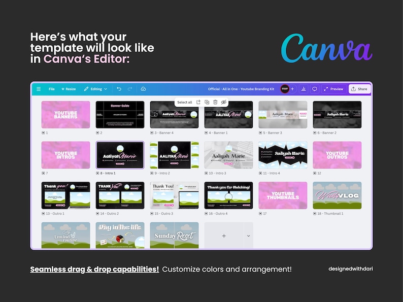 Heading text: Here's what your template will look like in Canva's editor. A solid black graphic. A screen shots of Canva's editor, depicting 20 pink, black and white design templates: banners, outros, intros, and thumbnails. Lists what's included in the Canva editor with check marked benefits such as ' 4 youtube banner', ' 4 animated YT outros'.