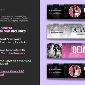 May include: Digital download product with four YouTube banner templates. The banners feature a black and white design with pink accents and the text "DEJA CARTER LIFESTYLE FITNESS". Includes a Canva template and demo fonts.