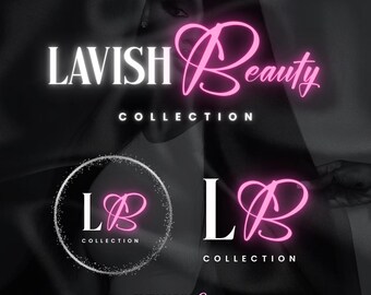 Puede incluir: Un gráfico en blanco y negro con las palabras "LAVISH Beauty COLLECTION" en blanco y rosa. La imagen incluye un logotipo con las letras "LB" y un diseño de corazón. El texto en la parte inferior dice "EDITABLE IN Canva".