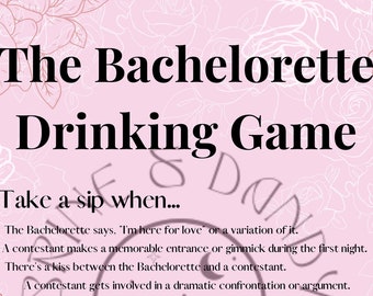 Może przedstawiać: Różowa, drukowana karta do gry z tytułem "The Bachelorette Drinking Game". Karta zawiera zasady gry w picie opartej na popularnym reality show "The Bachelorette".
