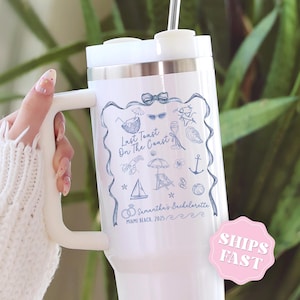 Trendy Blue Custom Bride Tumbler Last Toast On The Coast Bachelorette Beach 40 oz Tumbler with Handle Personalized Coastal Bach Cup Gifts