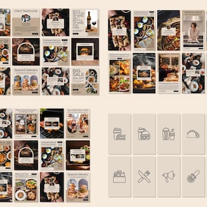 May include: A collection of promotional social media posts for a restaurant, featuring various food images and text overlays. The posts showcase dishes, special offers, and delivery options. Also included are food-related icons.