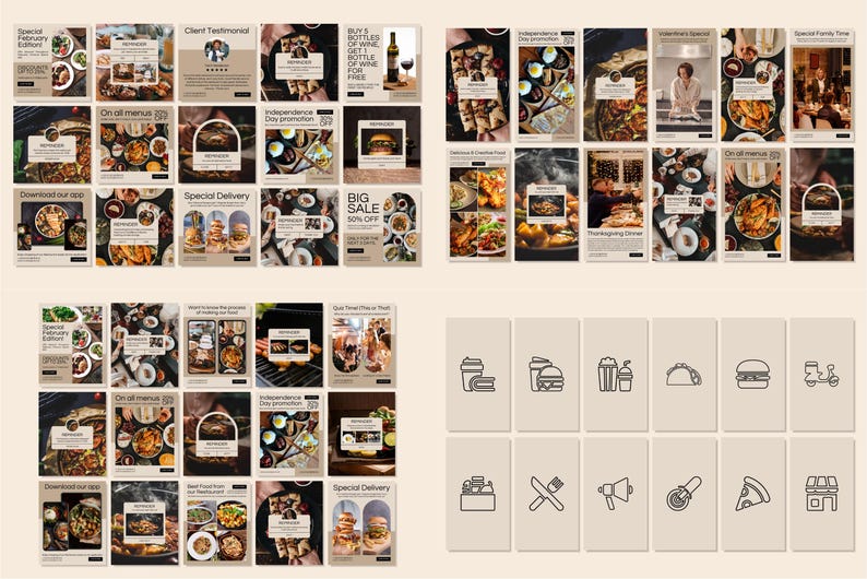 May include: A collection of promotional social media posts for a restaurant, featuring various food images and text overlays. The posts showcase dishes, special offers, and delivery options. Also included are food-related icons.