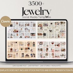 May include: A laptop displays jewelry social media templates. The screen shows various layouts with images and text. The text on the screen reads "3500+ Jewelry Social Media Templates". The Canva logo is visible. The template includes square posts, portrait posts, and stories.