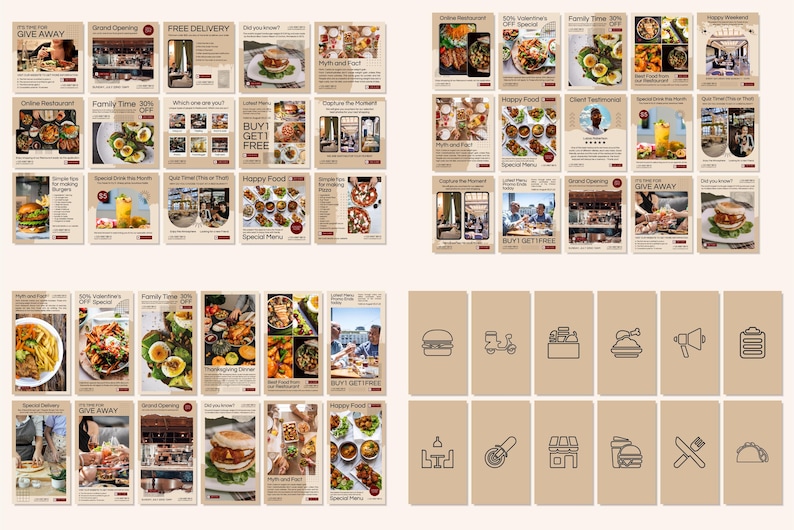 May include: A collection of promotional flyers and icons related to food and dining. The flyers feature images of various dishes, restaurant scenes, and special offers. The icons represent food items and restaurant services.