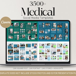 May include: A laptop displays a Canva template with the text "3500+ Medical Social Media Templates." The screen shows various social media layouts in teal and green. The template includes 1245 square posts, 1245 portrait posts, and 1245 stories and highlights.