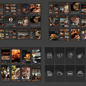 May include: A collection of social media posts with a dark gray background and orange text. The posts feature images of food, including pizza, burgers, and pasta, along with restaurant-related icons.