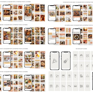 May include: A collection of mockups for social media posts, including square and portrait formats, displayed on smartphones. The image features various food-related themes, with text overlays such as "CHALLENGE OF THE MONTH" and "THIS OR THAT". Also included are 100 highlight covers.