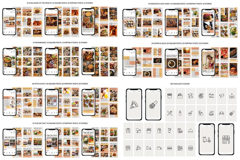 May include: A collection of mockups for social media posts, including square and portrait formats, displayed on smartphones. The image features various food-related themes, with text overlays such as "CHALLENGE OF THE MONTH" and "THIS OR THAT". Also included are 100 highlight covers.