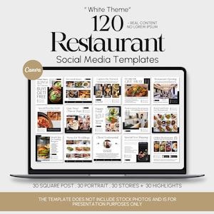 Könnte beinhalten: Eine digitale Sammlung von 120 Restaurant-Social-Media-Vorlagen auf einem Laptop-Bildschirm. Das Set enthält 30 quadratische Beiträge, 30 Hochformat-Beiträge, 30 Stories und 30 Highlights mit einem weißen Design, schwarzem Text und Essensbildern.