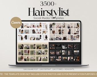 Plantillas de Canva para peluquerías de salón para marketing en redes sociales, publicaciones editables e historias.