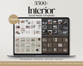 Plantillas de Canva para diseño de interiores, kit editable de marketing en redes sociales, publicaciones de Instagram, historias y branding.