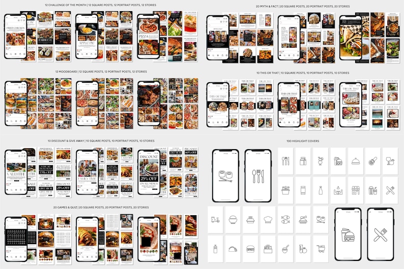 May include: A collection of mockups for social media posts, including square, portrait, and story formats. The designs feature food photography and graphics, with text overlays. Also included are highlight covers with food-related icons.
