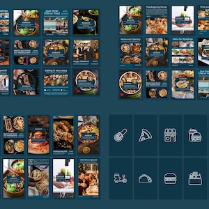 May include: A collection of social media posts with a dark teal background. The posts feature food photography, restaurant menus, and icons related to dining and takeout. The posts are arranged in a grid layout.