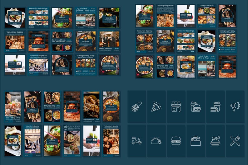 May include: A collection of social media posts with a dark teal background. The posts feature food photography, restaurant menus, and icons related to dining and takeout. The posts are arranged in a grid layout.