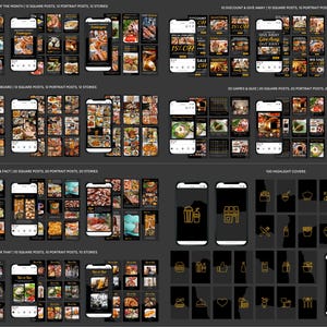 May include: A collection of TOTO SLOT 4D for food businesses, featuring various post sizes and story formats. The designs include images of food, with text overlays and highlight covers. The color scheme is black and gold.