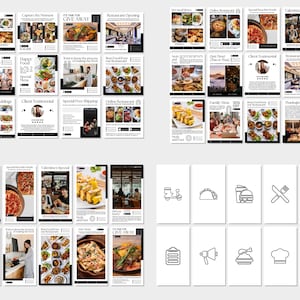 May include: A collection of restaurant-themed promotional graphics. The images feature various food dishes, restaurant interiors, and text overlays such as "Giveaway", "Valentine's Special", and "Restaurant Opening". Also included are line art icons of food items.