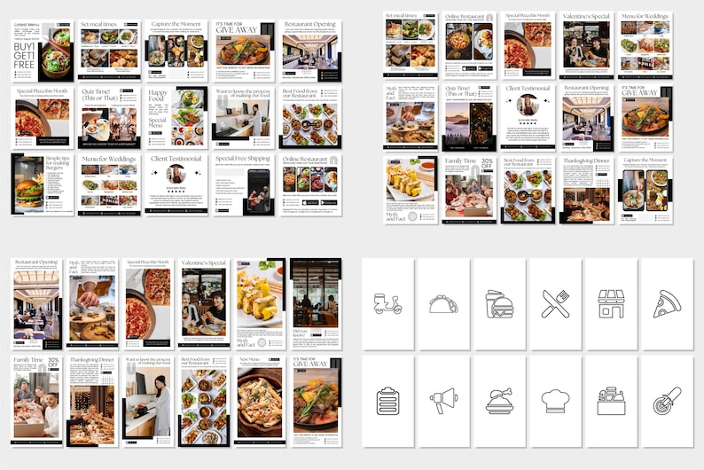 May include: A collection of restaurant-themed promotional graphics. The images feature various food dishes, restaurant interiors, and text overlays such as "Giveaway", "Valentine's Special", and "Restaurant Opening". Also included are line art icons of food items.