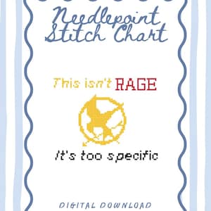 May include: A digital needlepoint stitch chart with a blue wavy border and a light blue striped background. The text reads "Needlepoint Stitch Chart", "This isn't RAGE", and "It's too specific". A yellow and orange graphic is also included.