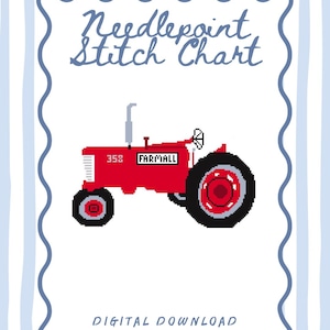 May include: A digital needlepoint stitch chart featuring a red Farmall tractor. The tractor has black tires and the text "Farmall" on the side. The chart is framed with a blue scalloped border and a blue and white striped background. The words "Needlepoint Stitch Chart" and "Digital Download" are also included.