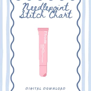 May include: A digital download titled "Needlepoint Stitch Chart" with a pink tube-shaped object labeled "Rhode." The background features a blue and white striped pattern with a decorative blue border.