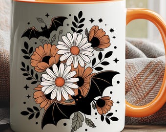Halloween Floral Bat Coffee Mug | Spooky Daisy and Pumpkin Orange Flowers | Gothic Fall Aesthetic Cup for Autumn & Bat Lovers
