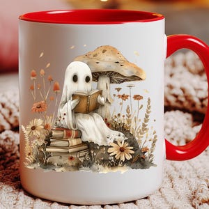 Ghost Reading Mug | Cozy Autumn Mug with Mushroom and Books | Spooky Cute Fall Coffee Cup | Cottagecore Halloween Gift for Book Lovers