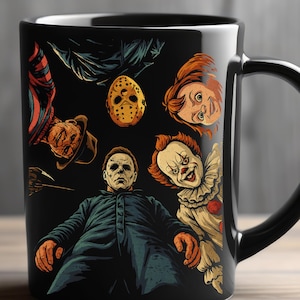 Slasher Squad Horror Mug | Funny Scary Movie Villains Cup | Halloween Coffee Mug | Creepy Parody Gift for Horror Fans | Killer Crew Mug