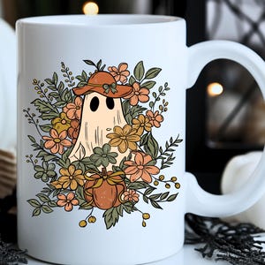 Autumn Floral Ghost Coffee Mug | Cozy Fall Pumpkin and Flowers Cup | Cute Spooky Season Gift for Halloween & Autumn Lovers