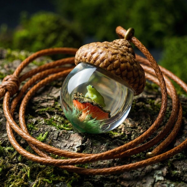 Acorn Necklace With Mushroom Frog, Resin jewelry, Acorn Pendant, wood resin pendant, Gift for Nature lover,Natural jewelry