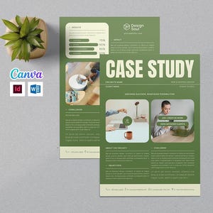 May include: A green and white case study design with the title "CASE STUDY" in large, bold text. The design includes images, text, and a small potted plant. The Canva, InDesign, and Word logos are in the lower left corner.