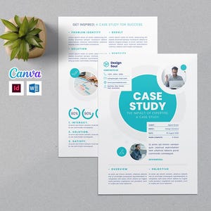 May include: A case study titled "Case Study: The Impact of Expertise" with a teal and white design. The document includes the Canva, Id, and W logos, along with a small potted plant.