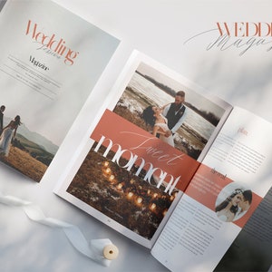 May include: Open wedding magazine with the title "Wedding Jessica Magazine" in a soft, romantic style. The cover features a couple walking in a field. Inside, photos and text detail wedding planning. A ribbon and flowers add to the aesthetic.