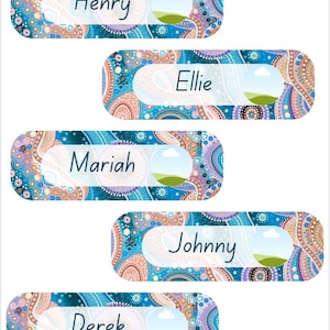 May include: Five rectangular adhesive labels with rounded corners, featuring a blue, purple, and peach dot-art pattern. Each label displays a white central area with a name printed in dark blue text, specifically Henry, Ellie, Mariah, Johnny, and Derek.