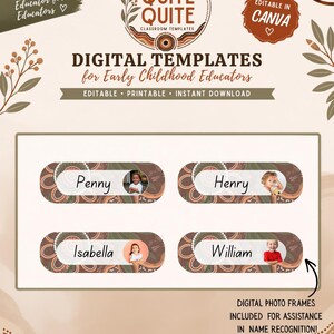 Puede incluir: Plantillas digitales para educadores de la primera infancia con el texto Quite Quite Classroom Templates. El diseño incluye cuatro etiquetas de nombre rectangulares con bordes redondeados, cada una con un nombre y una foto.