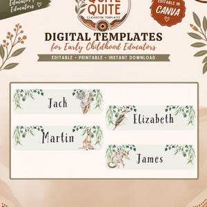 May include: Digital templates for early childhood educators featuring four rectangular name labels with watercolour illustrations of a koala, kookaburra, kangaroo, and possum, decorated with green eucalyptus leaves and the names Jack, Elizabeth, Martin, and James.
