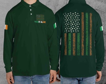 Individueller Name Irish American Flag Shamrock St. Patrick's Day Golf Langarm-Poloshirt