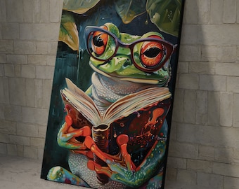 Frog Reading Book Art Print: Funny Animal Poster or Canvas