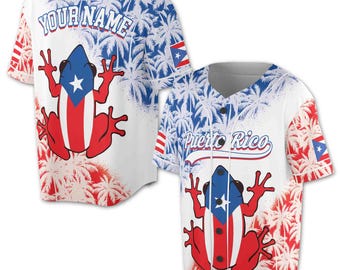 Custom Name Patriotic Puerto Rico Flag Frog Vinyl Proud Baseball Jersey S-5XL