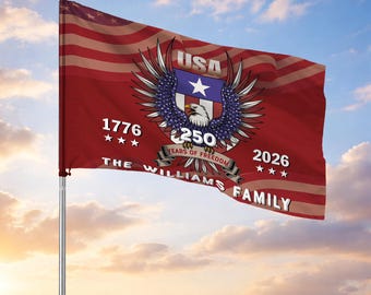 Personalized Family Name America 250th Anniversary Emblem Bold Red House Flag