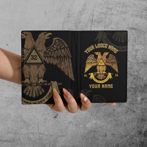 Porta pasaporte de cuero masónico con emblema de 32 grados de rito escocés personalizado