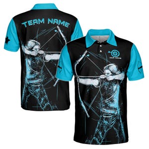 Polo para hombre con estampado de tiro con arco azul y nombre personalizado, tallas S a 5XL