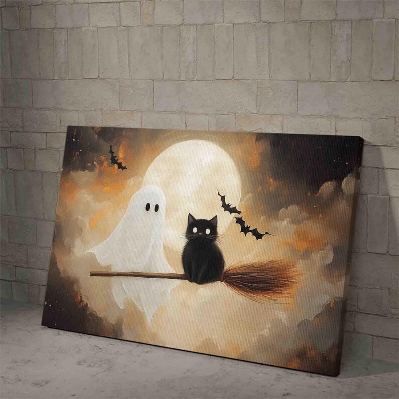 Black Cat With Little Ghost Fly in the Moon Halloween Wall Art Painting