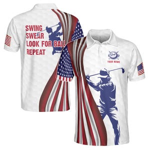 Custom Name Golf Swing, Swear Look for Ball Repeat American Flag Golfer Men's Polo S-5XL