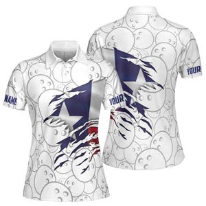 May include: A white polo shirt featuring a repeating gray bowling ball pattern and a large, central graphic of a torn Texas flag. The shirt includes short sleeves, a collar, and the text "YOUR NAME" printed on the sleeve in blue lettering.