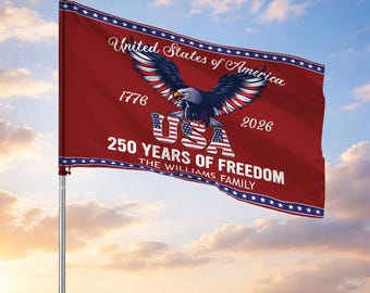 Personalized Family Name Elegant Deep Red USA 250 Years of Freedom House Flag