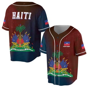 May include: A baseball jersey with a red, blue, and white Haitian flag design. The jersey has the words "HAITI" on the front and "YOUR NAME" on the back.