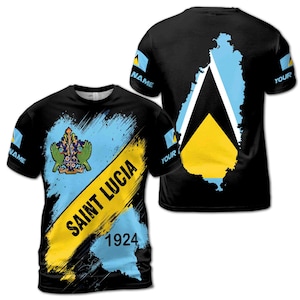 May include: Black t-shirt with a yellow and blue Saint Lucia flag design. The flag features the country's coat of arms and the year 1924. The back of the shirt features a blue and yellow outline of the island of Saint Lucia.